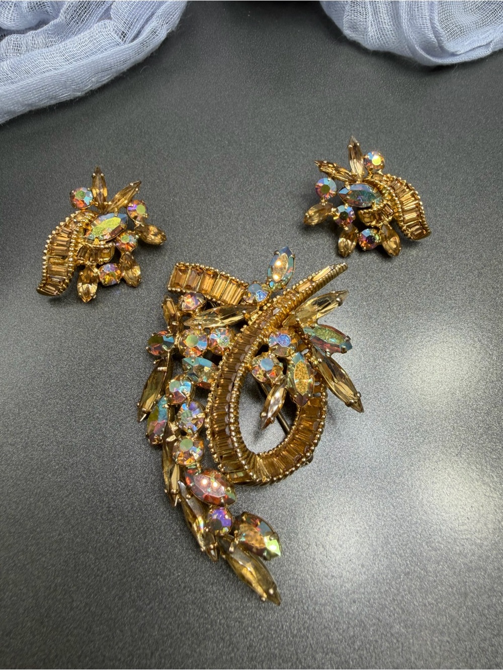 Vintage Avon de Belleville  Aurora Crystal Brooch with Matching Clips #85set